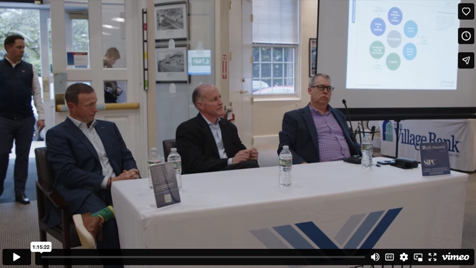 Image of three men sitting in front of a presentation linking to a video of The Village Bank's How Social Security and Medicare Impact Your Retirement Planning Seminar on Vimeo.