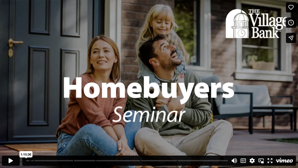 Image of a happy family of three on their front porch linking to a video of The Village Bank's Homebuyer's Seminar on Vimeo. 