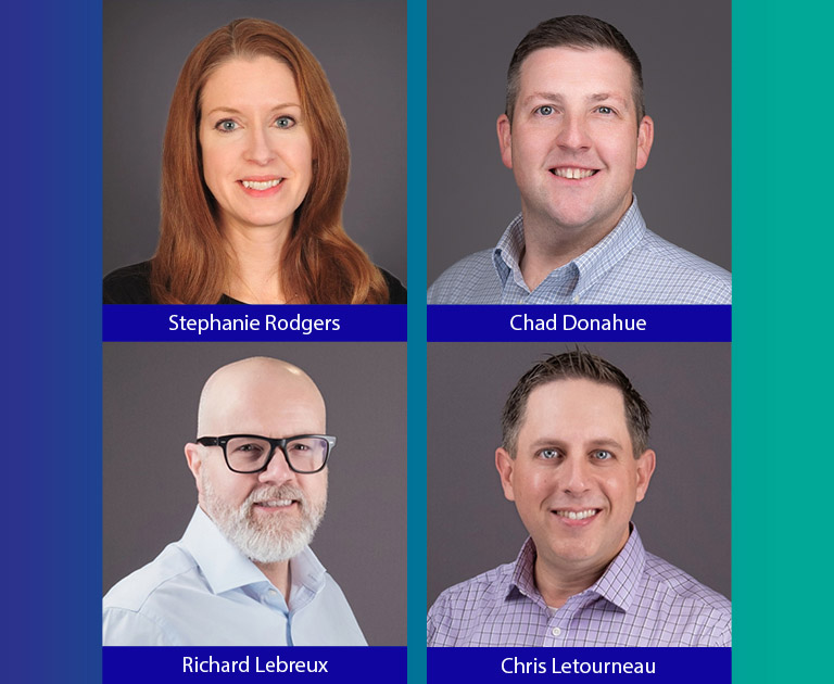 Promotion headshots of Stephanie Rodgers, Chad Donahue, Richard Lebreux and Chris Letourneau